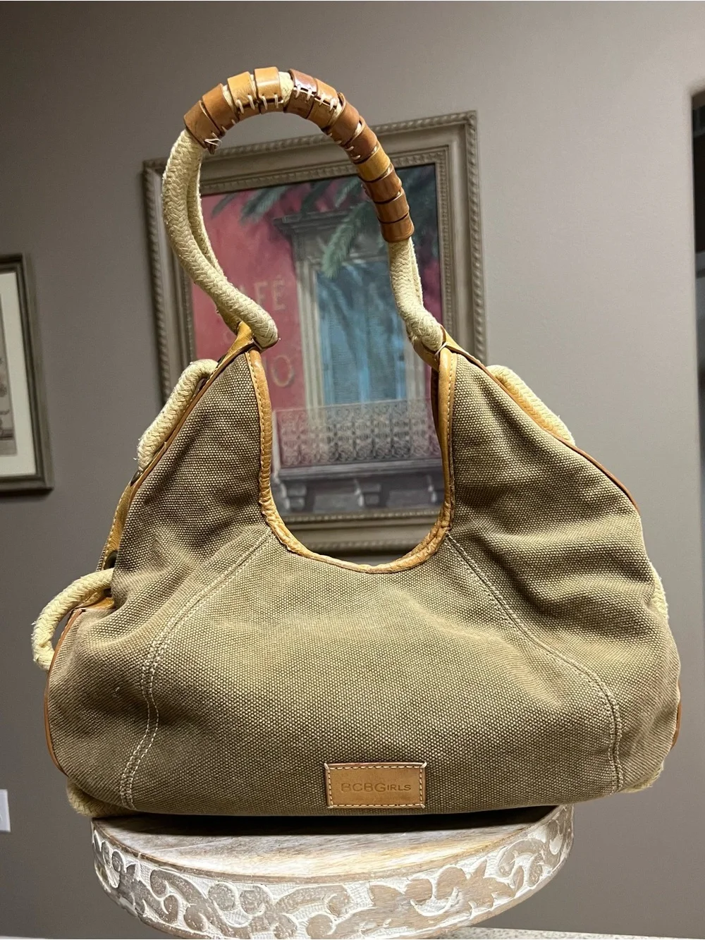 BCBGirls Olive Canvas Hobo with Tan Leather Trim